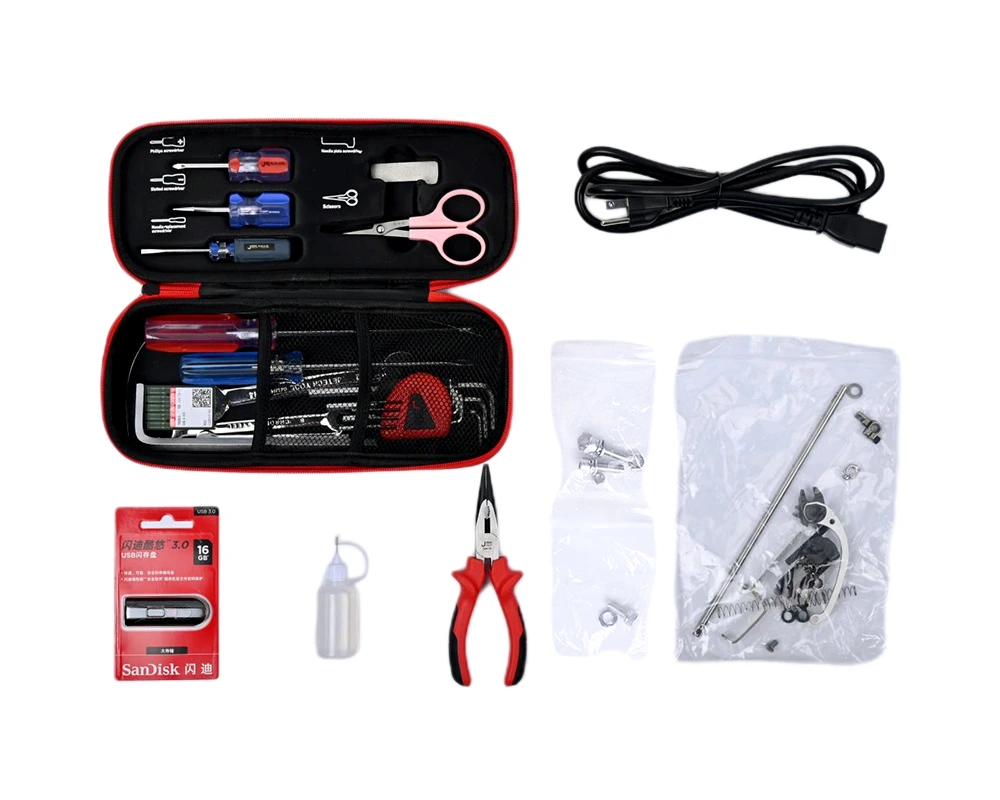 Embroidery machine tool kit for easy maintenance and adjustments.